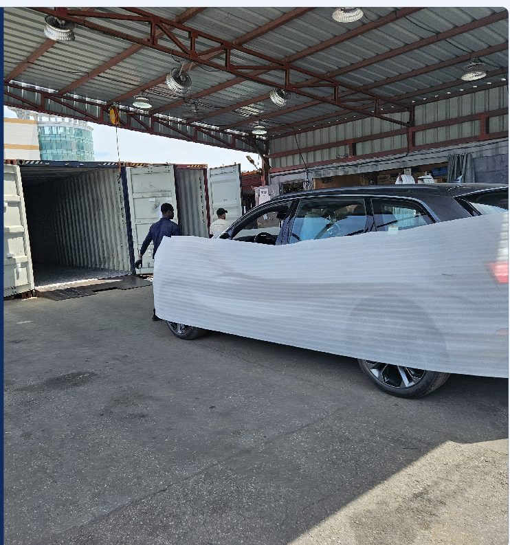 A vehicle fully wrapped and secured for shipping